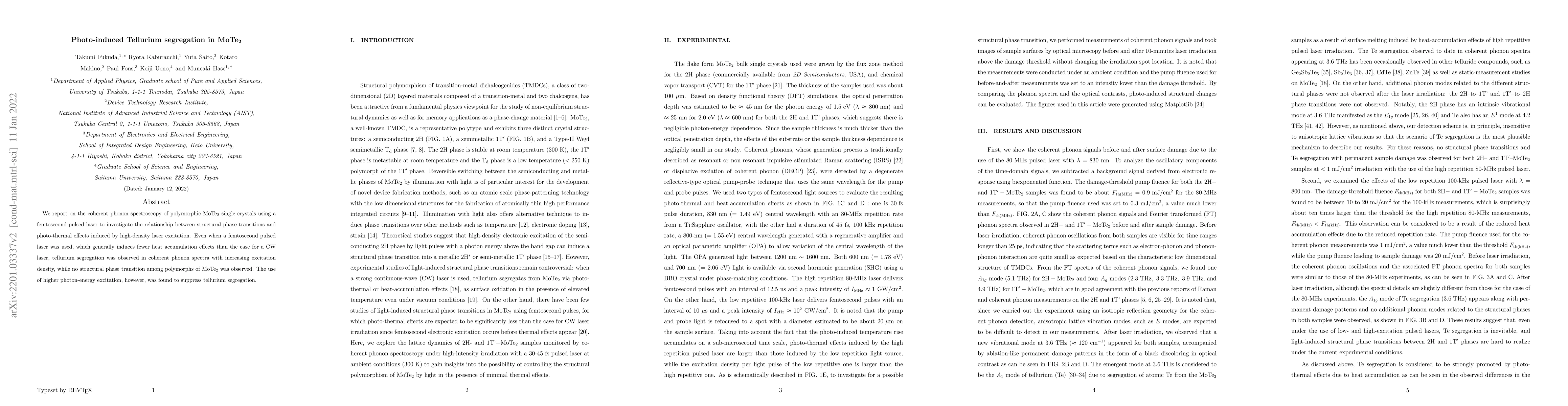 Thumbnail for Photo-induced Tellurium segregation in $\mathrm{MoTe_2}$