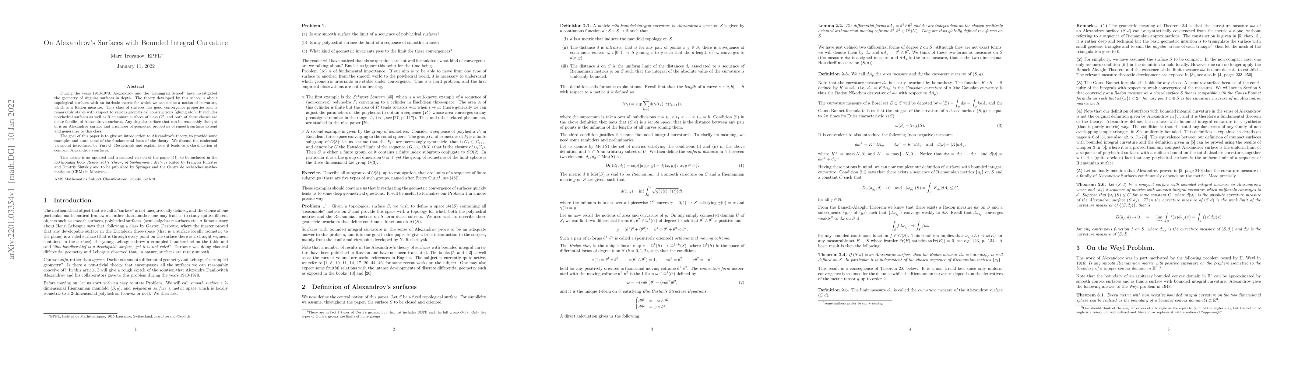 Thumbnail for On Alexandrov's Surfaces with Bounded Integral Curvature