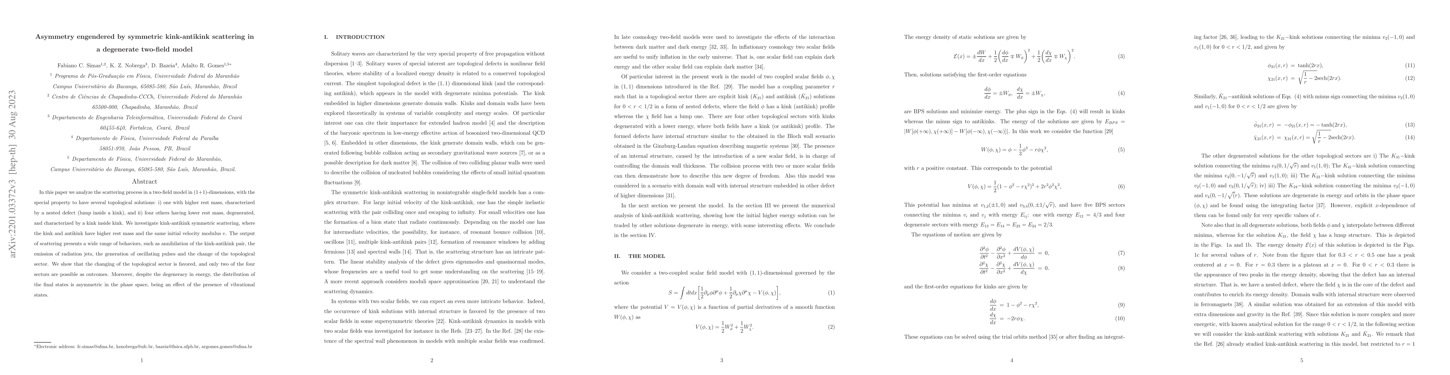Thumbnail for Asymmetry engendered by symmetric kink-antikink scattering in a
  degenerate two-field model