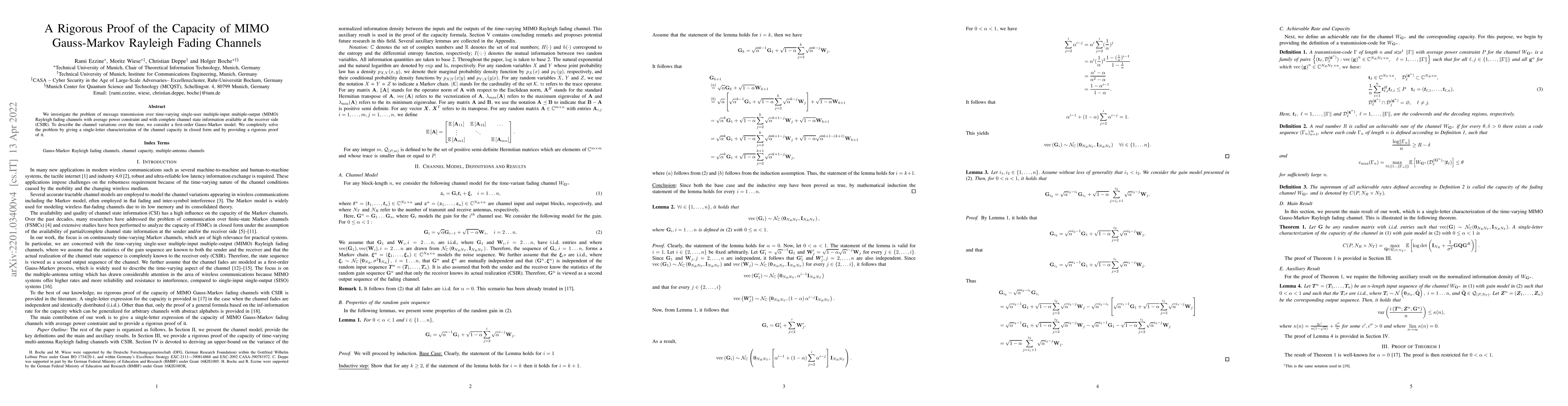 Thumbnail for A Rigorous Proof of the Capacity of MIMO Gauss-Markov Rayleigh Fading
  Channels