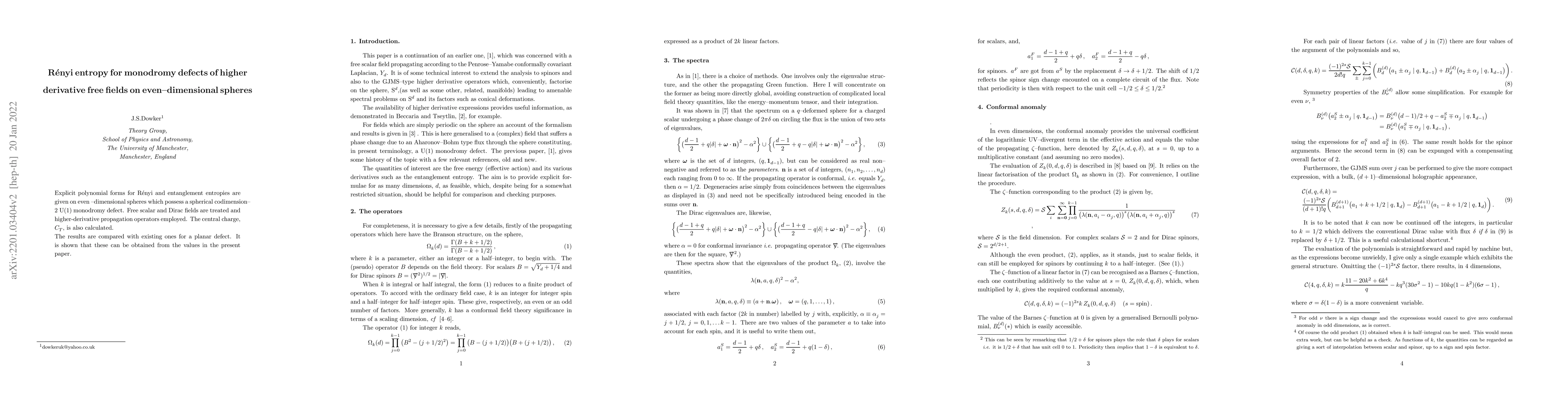 Thumbnail for Renyi entropy for monodromy defects of higher derivative free fields on
  even-dimensional spheres