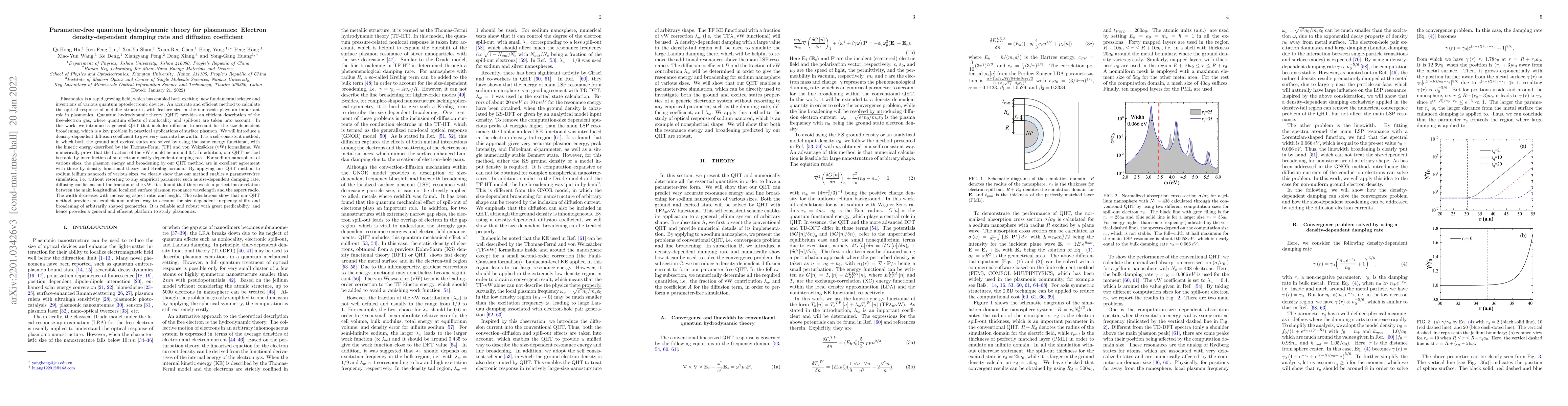 Thumbnail for Parameter-free quantum hydrodynamic theory for plasmonics: Electron
  density-dependent damping rate and diffusion coefficient