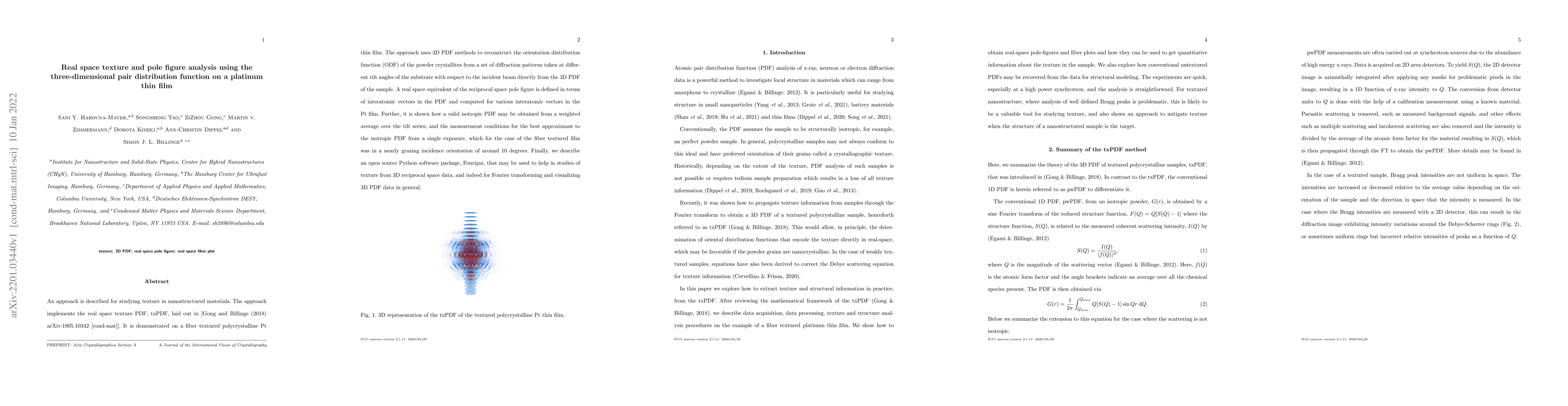 Thumbnail for Real space texture and pole figure analysis using the three-dimensional
  pair distribution function (PDF) on a Platinum thin film