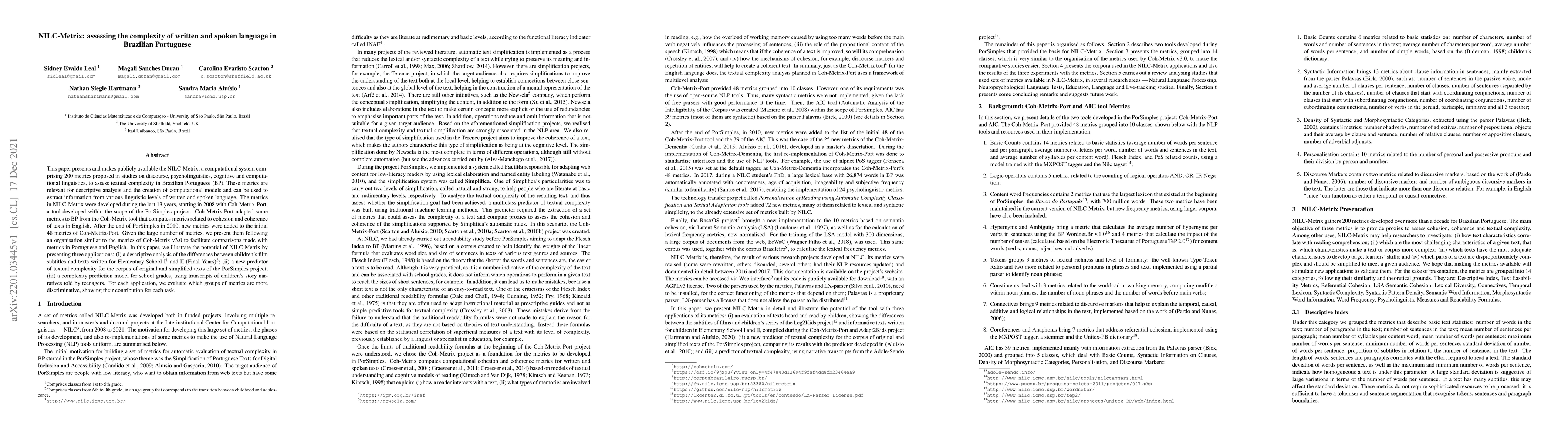 Thumbnail for NILC-Metrix: assessing the complexity of written and spoken language in
  Brazilian Portuguese