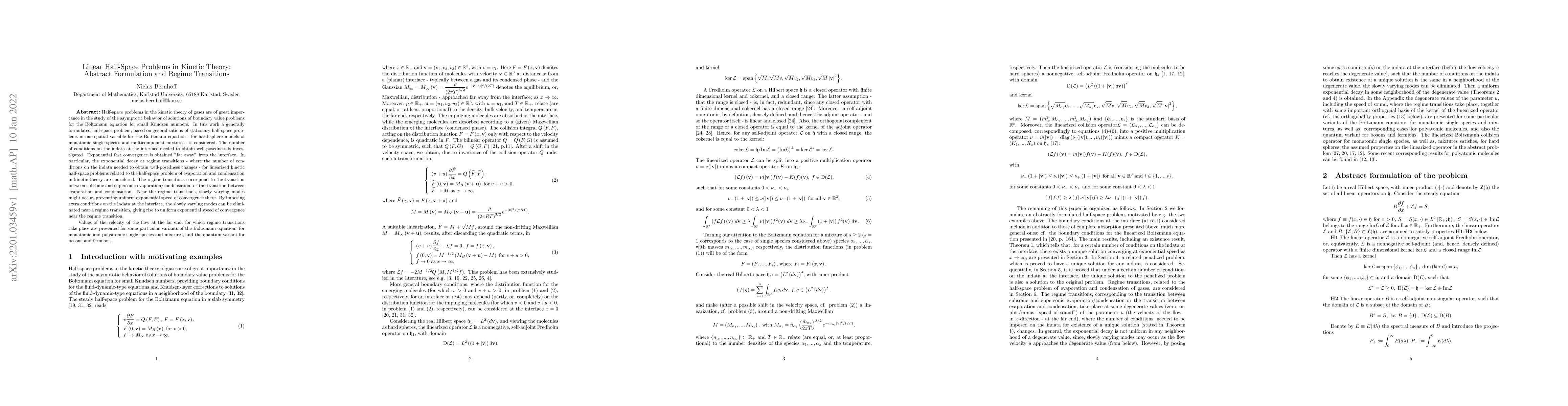 Thumbnail for Linear Half-Space Problems in Kinetic Theory: Abstract Formulation and
  Regime Transitions