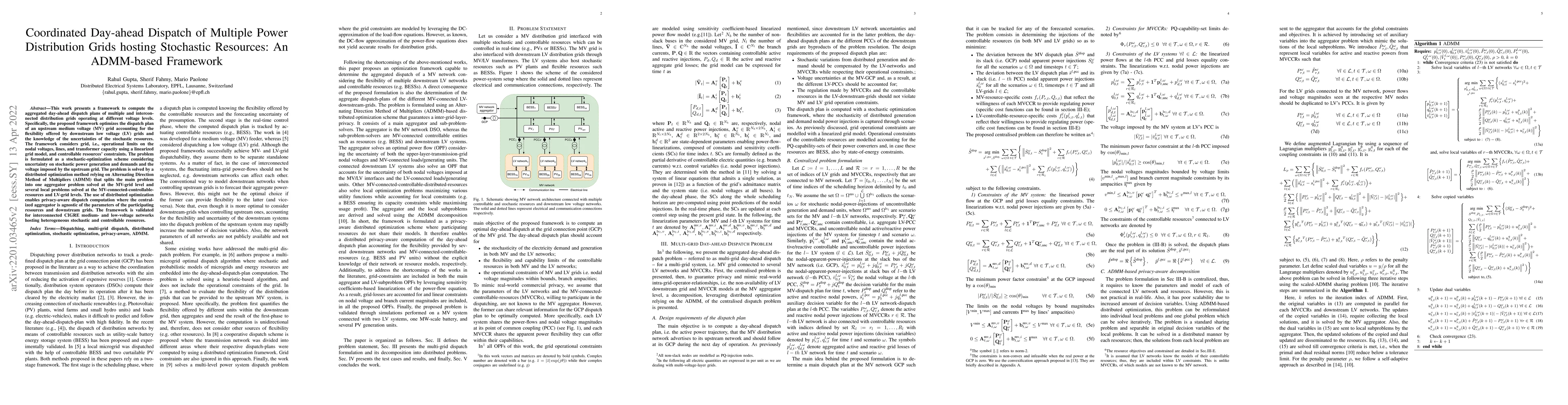 Thumbnail for Coordinated Day-ahead Dispatch of Multiple Power Distribution Grids
  hosting Stochastic Resources: An ADMM-based Framework