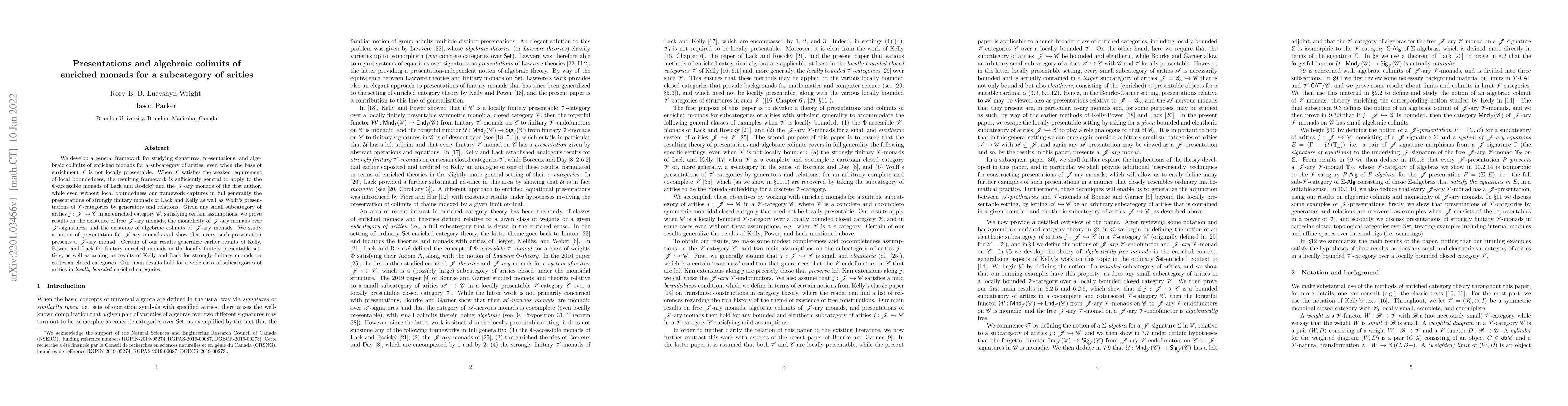 Thumbnail for Presentations and algebraic colimits of enriched monads for a
  subcategory of arities