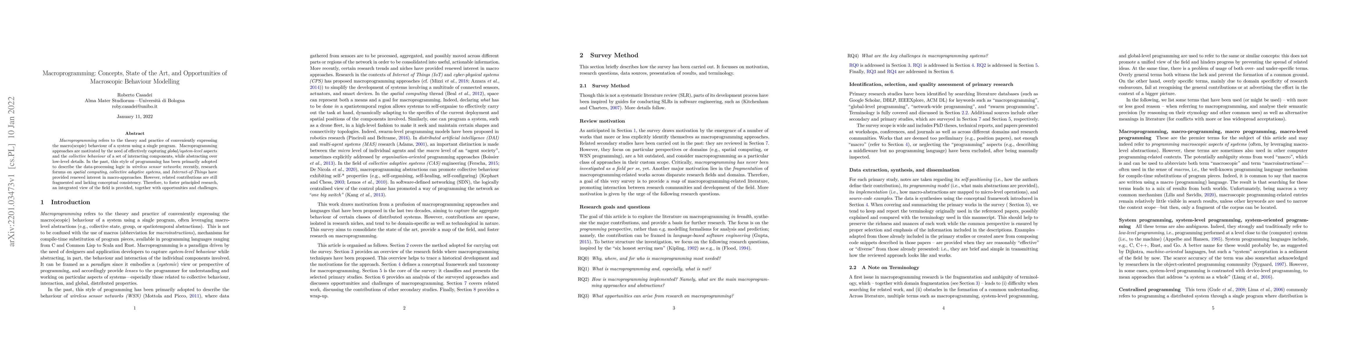 Thumbnail for Macroprogramming: Concepts, State of the Art, and Opportunities of
  Macroscopic Behaviour Modelling