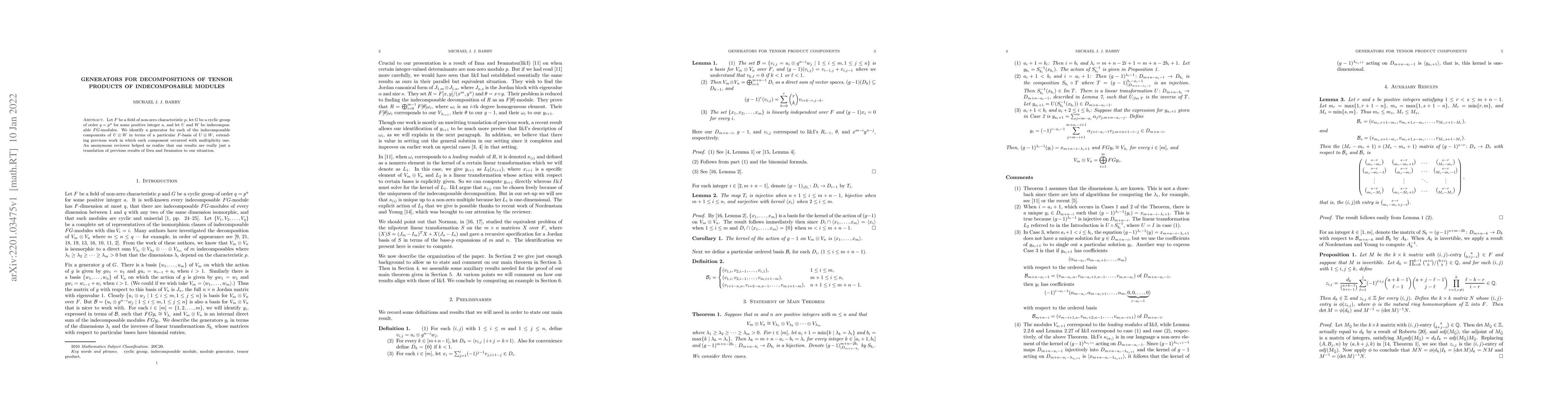 Thumbnail for Generators for Decompositions of Tensor Products of Indecomposable
  Modules