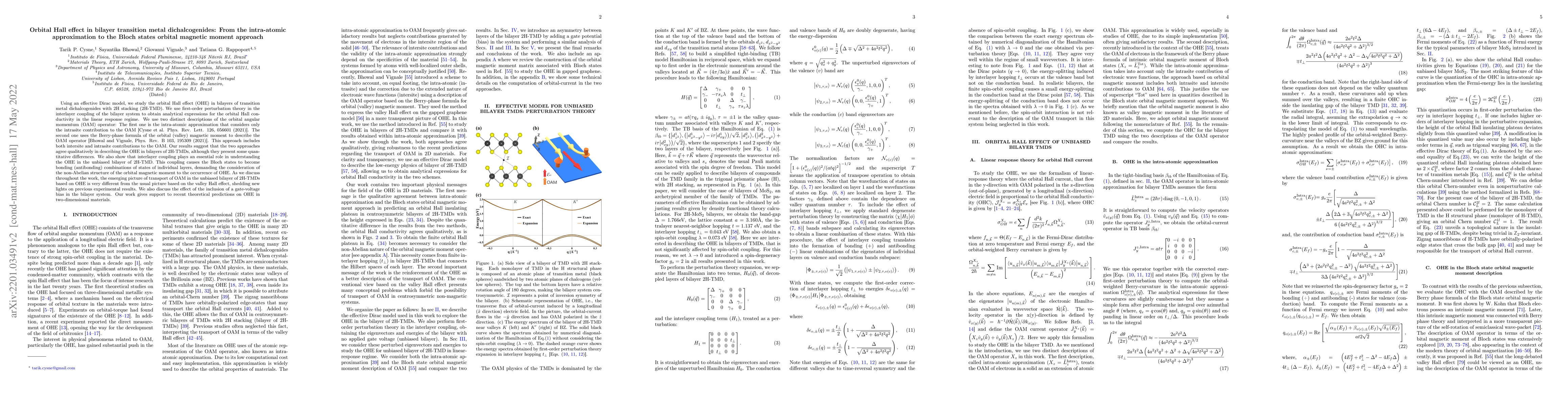 Thumbnail for Orbital Hall effect in bilayer transition metal dichalcogenides: From
  the intra-atomic approximation to the Bloch states orbital magnetic moment
  approach