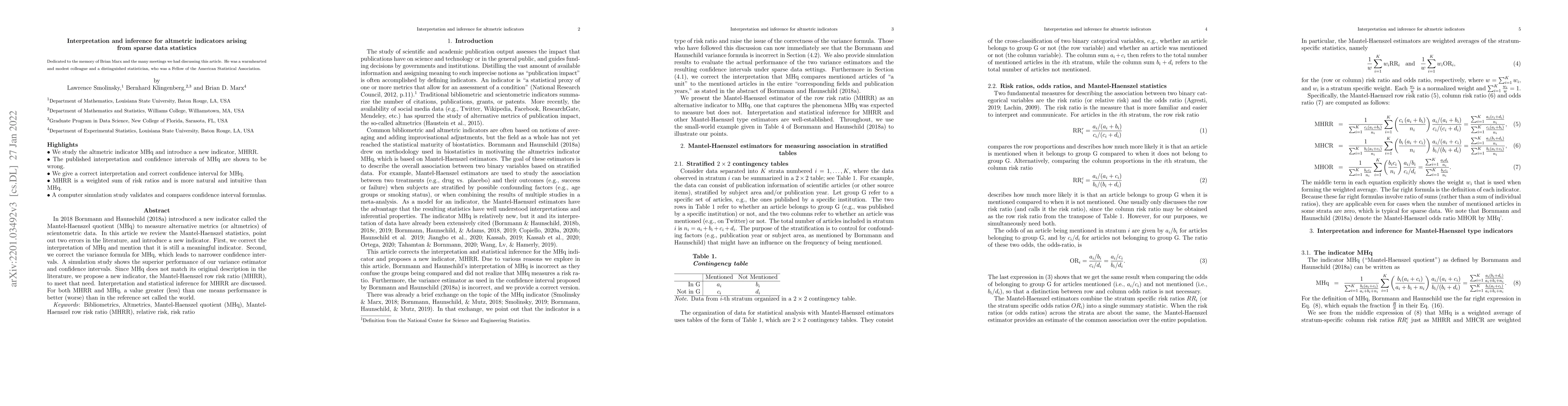 Thumbnail for Interpretation and inference for altmetric indicators arising from
  sparse data statistics