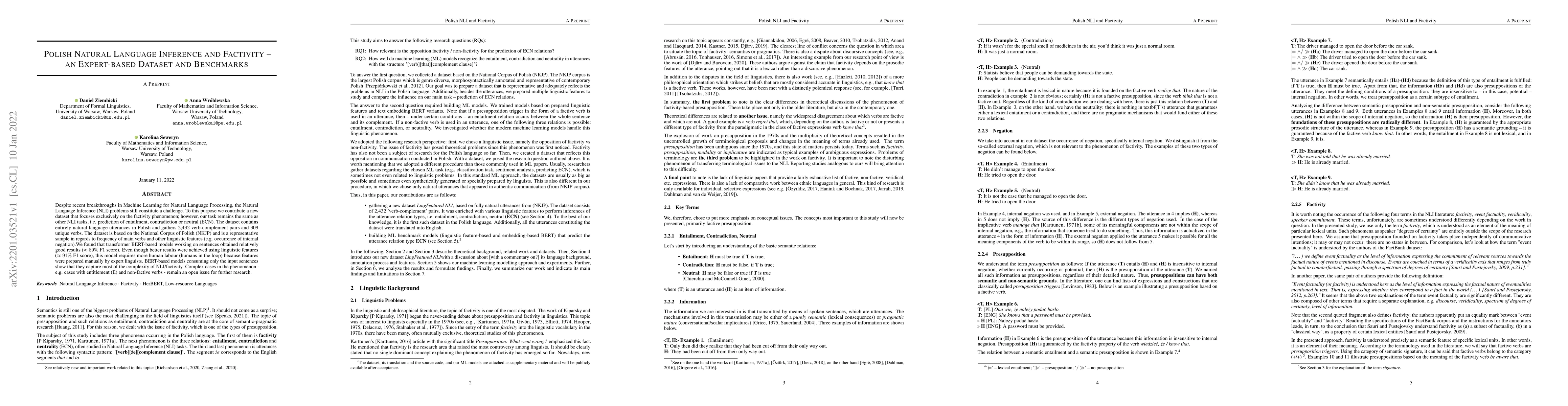 Thumbnail for Polish Natural Language Inference and Factivity -- an Expert-based
  Dataset and Benchmarks