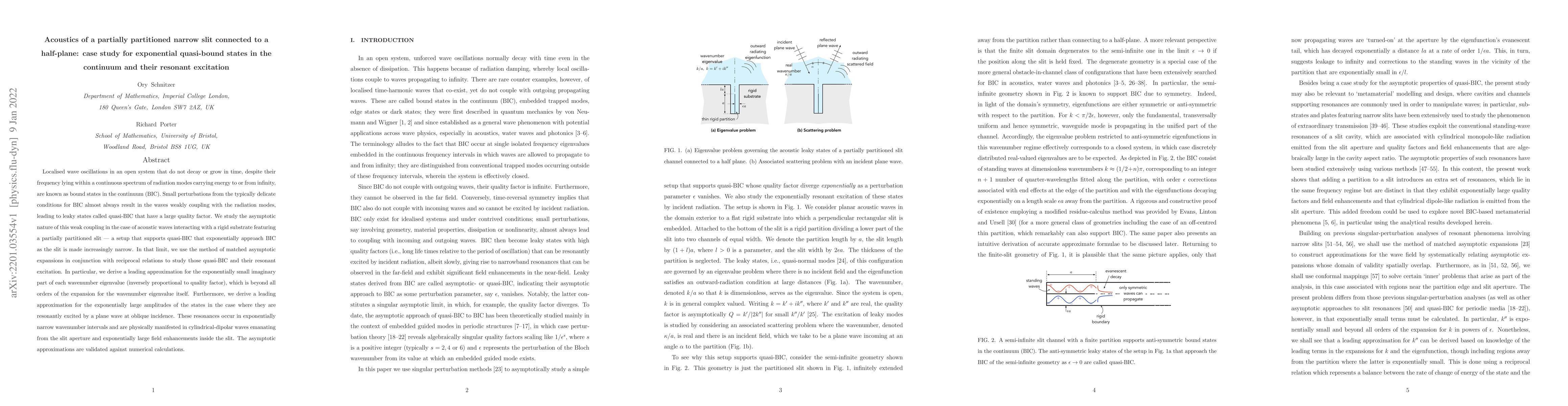 Thumbnail for Acoustics of a partially partitioned narrow slit connected to a
  half-plane: case study for exponential quasi-bound states in the continuum
  and their resonant excitation