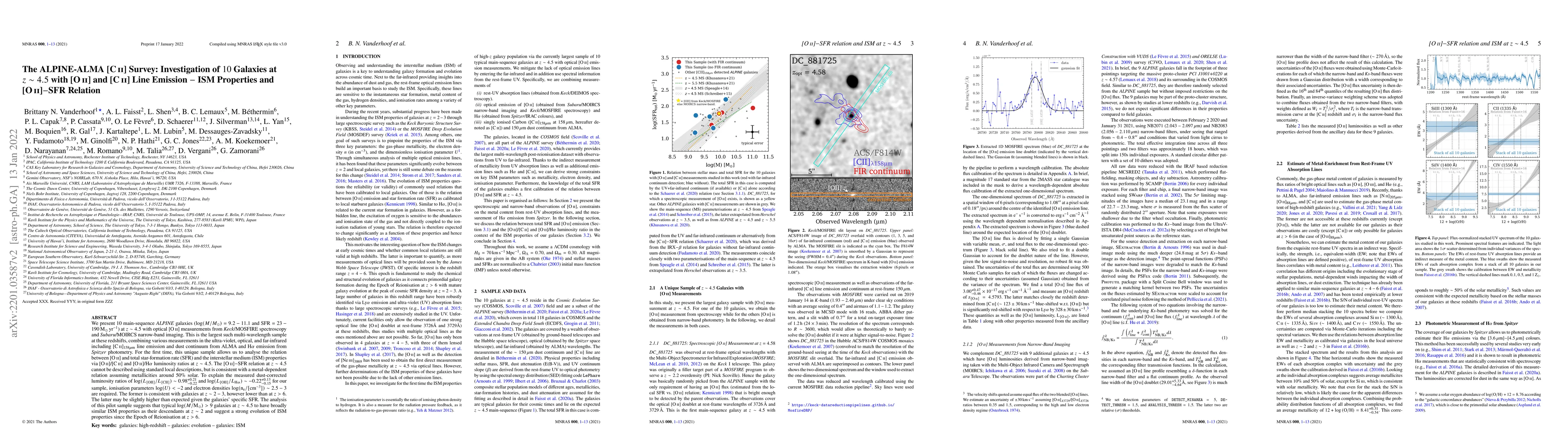 Thumbnail for The ALPINE-ALMA [CII] Survey: Investigation of 10 Galaxies at $z\sim4.5$
  with [OII] and [CII] Line Emission $-$ ISM Properties and [OII]$-$SFR
  Relation