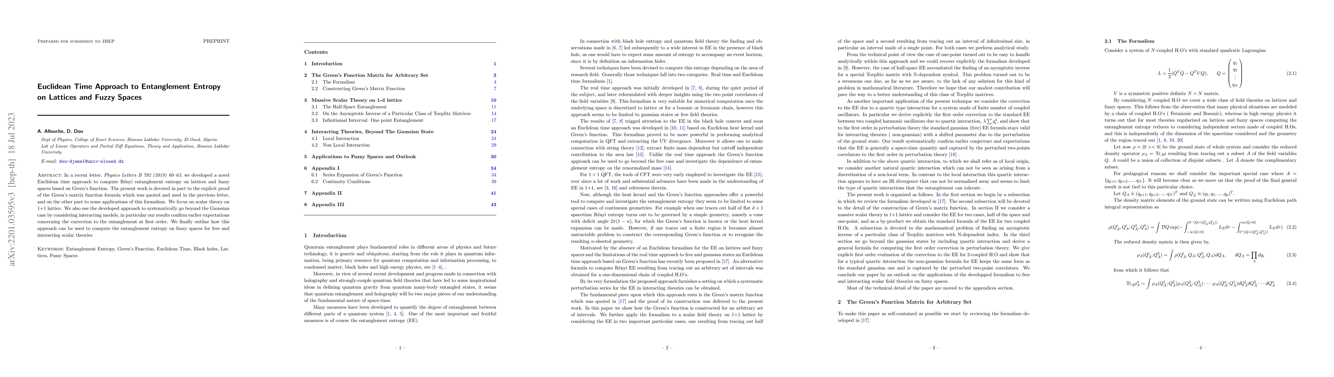 Thumbnail for Euclidean Time Approach to Entanglement Entropy on Lattices and Fuzzy
  Spaces