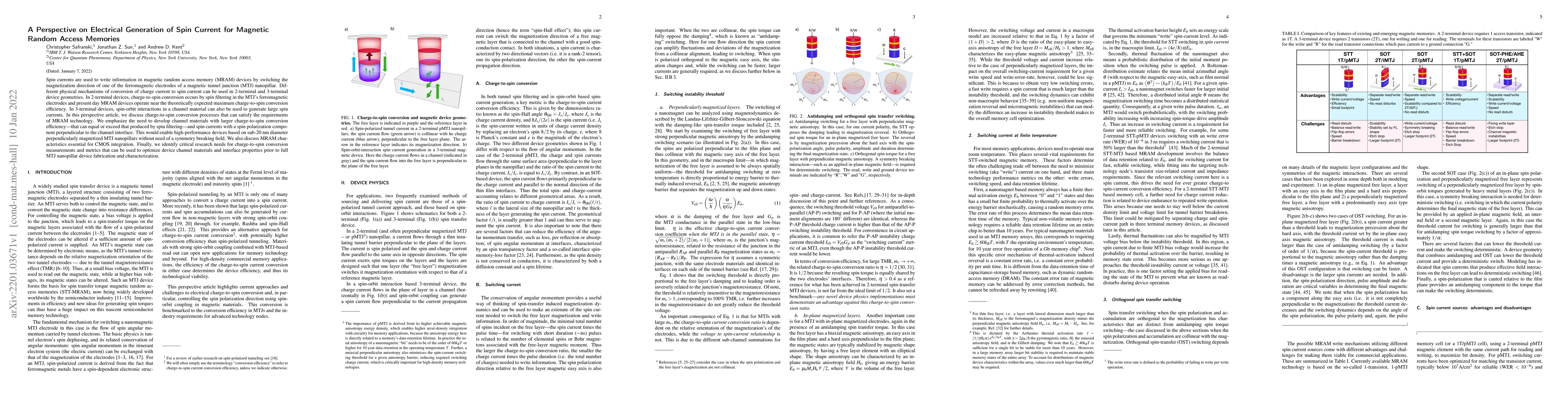 Thumbnail for A Perspective on Electrical Generation of Spin Current for Magnetic
  Random Access Memories