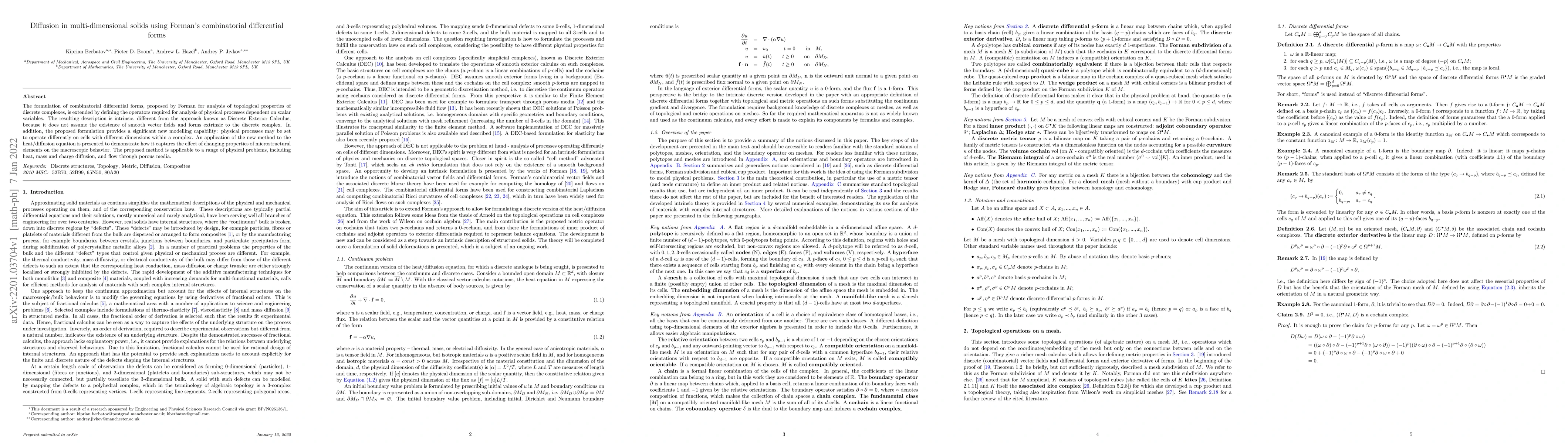 Thumbnail for Diffusion in multi-dimensional solids using Forman's combinatorial
  differential forms