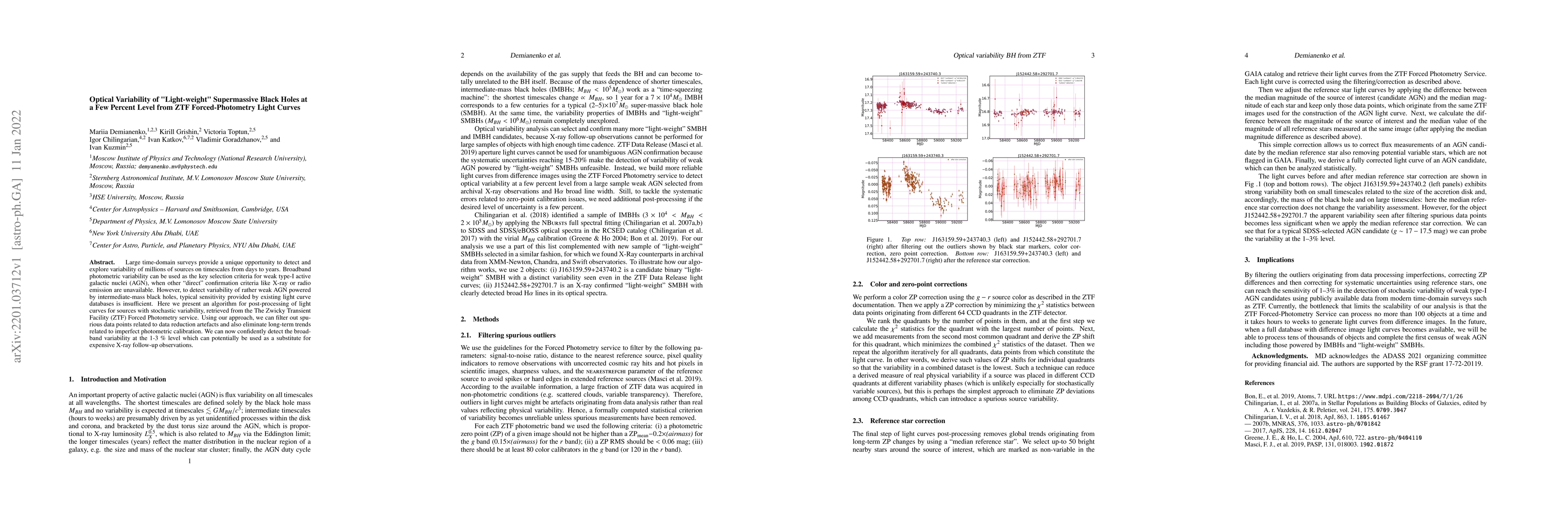 Thumbnail for Optical Variability of "Light-weight" Supermassive Black Holes at a Few
  Percent Level from ZTF Forced-Photometry Light Curves