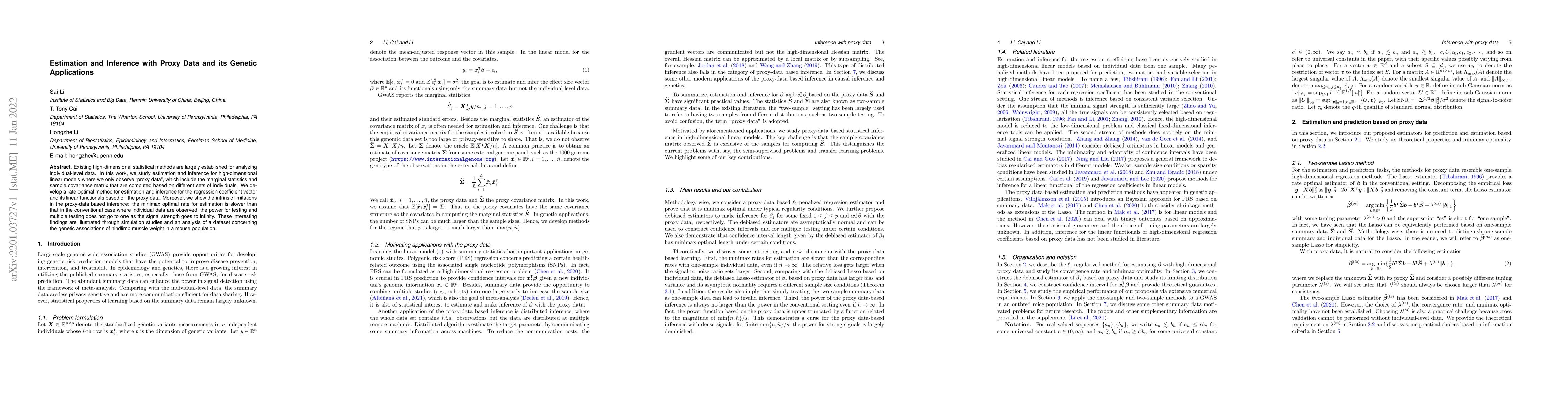 Thumbnail for Estimation and Inference with Proxy Data and its Genetic Applications