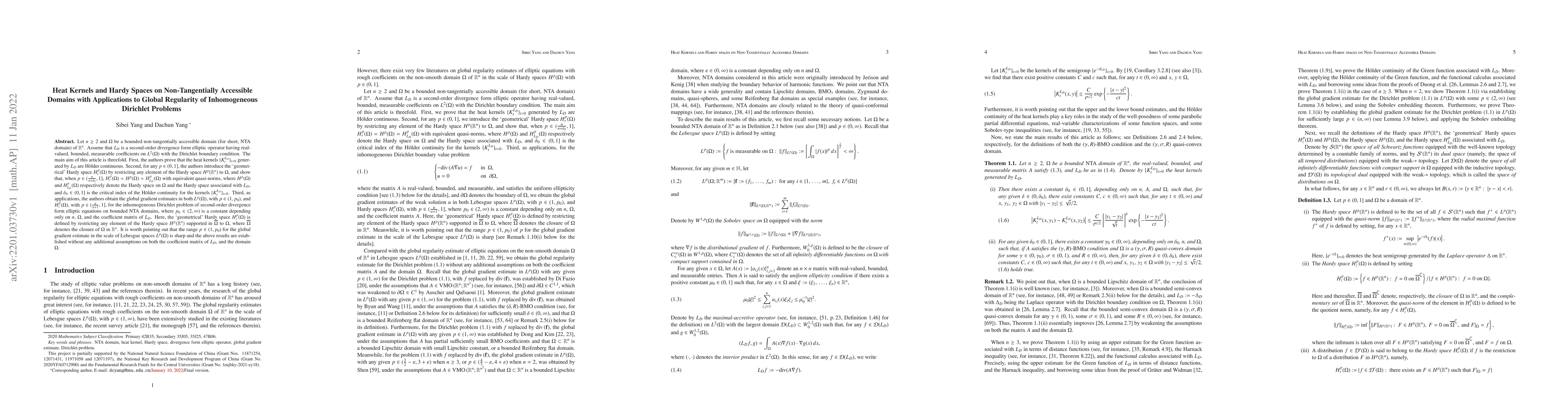 Thumbnail for Heat Kernels and Hardy Spaces on Non-Tangentially Accessible Domains
  with Applications to Global Regularity of Inhomogeneous Dirichlet Problems