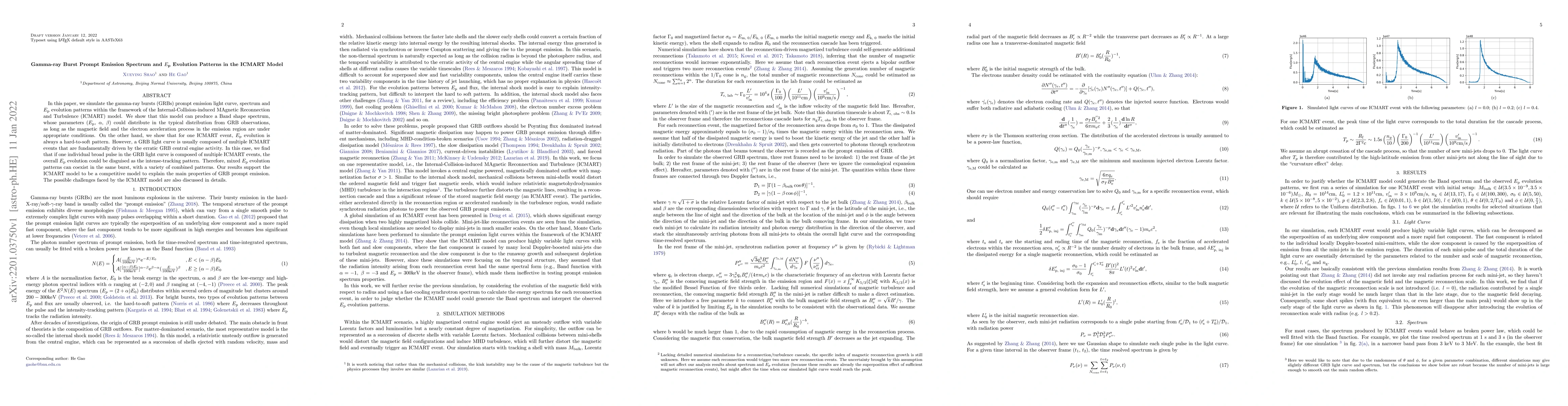 Thumbnail for Gamma-ray Burst Prompt Emission Spectrum and $E_p$ Evolution Patterns in
  the ICMART Model