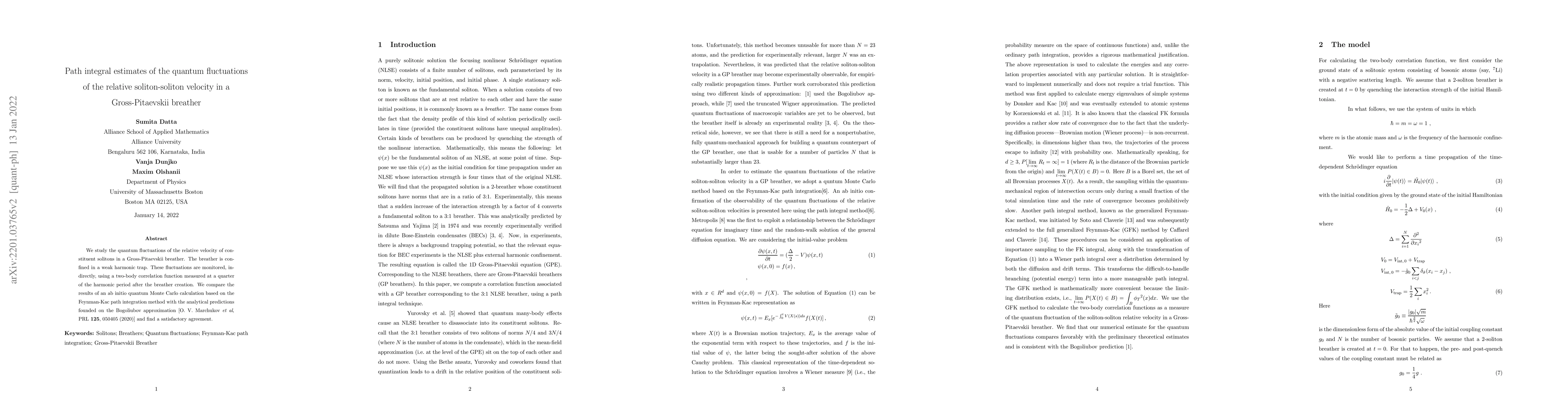 Thumbnail for Path Integral Estimates of the Quantum Fluctuations of the Relative
  Soliton-Soliton Velocity in a Gross-Pitevskii Breather