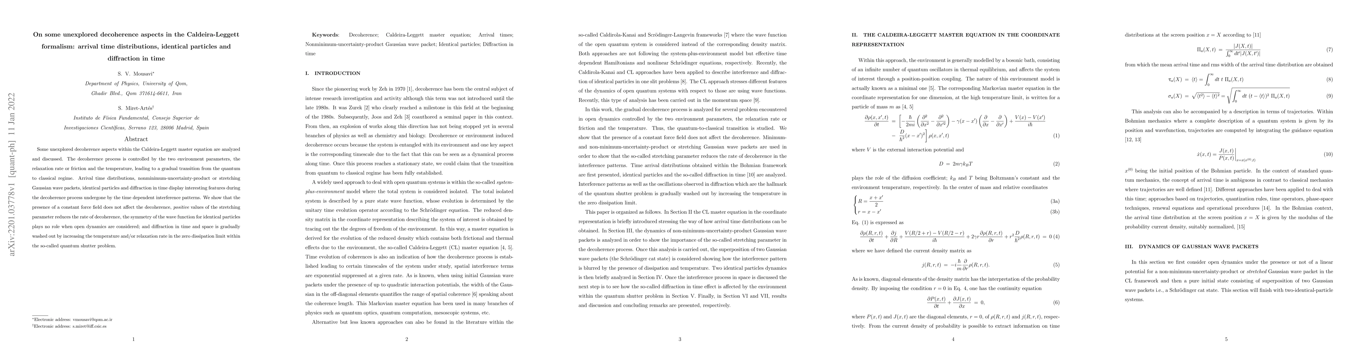 Thumbnail for On some unexplored decoherence aspects in the Caldeira-Leggett
  formalism: arrival time distributions, identical particles and diffraction in
  time