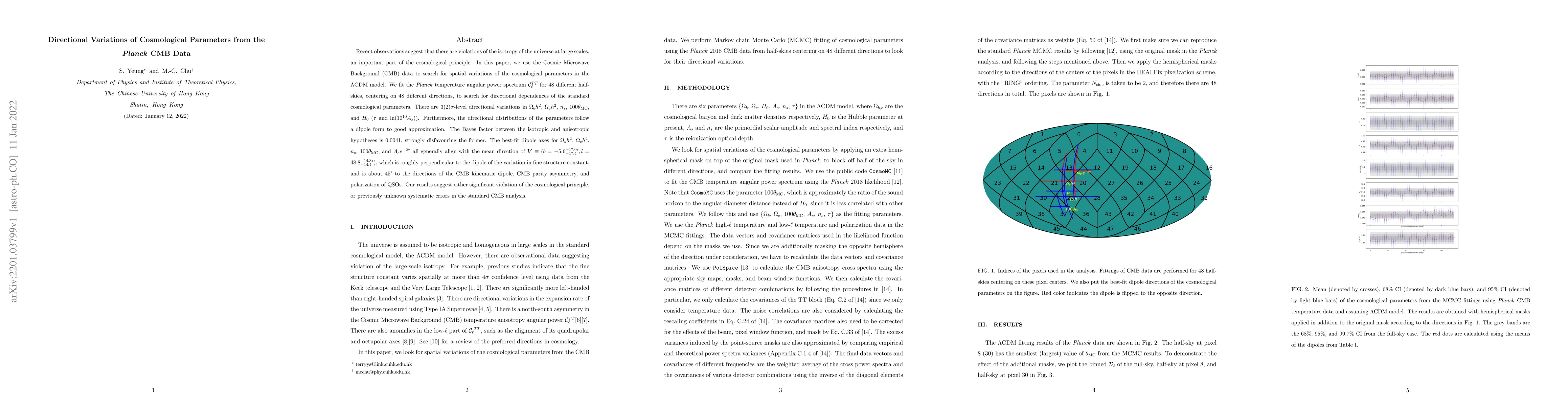 Thumbnail for Directional Variations of Cosmological Parameters from the Planck CMB
  Data