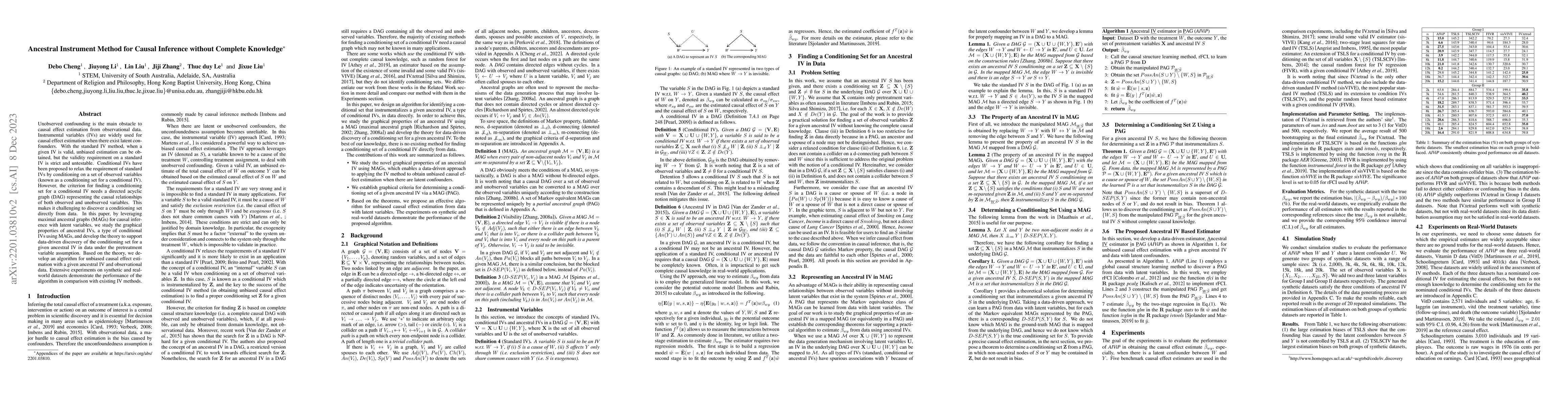 Thumbnail for Ancestral Instrument Method for Causal Inference without Complete
  Knowledge