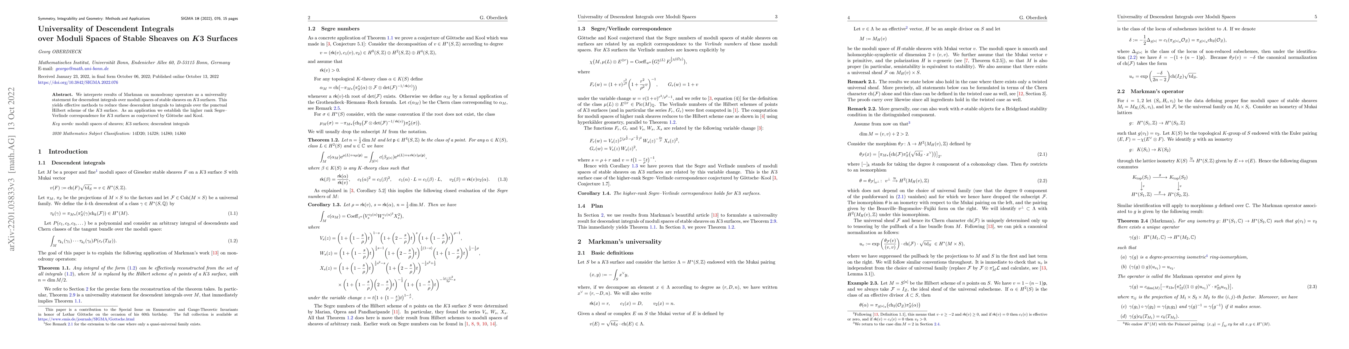 Thumbnail for Universality of Descendent Integrals over Moduli Spaces of Stable
  Sheaves on $K3$ Surfaces