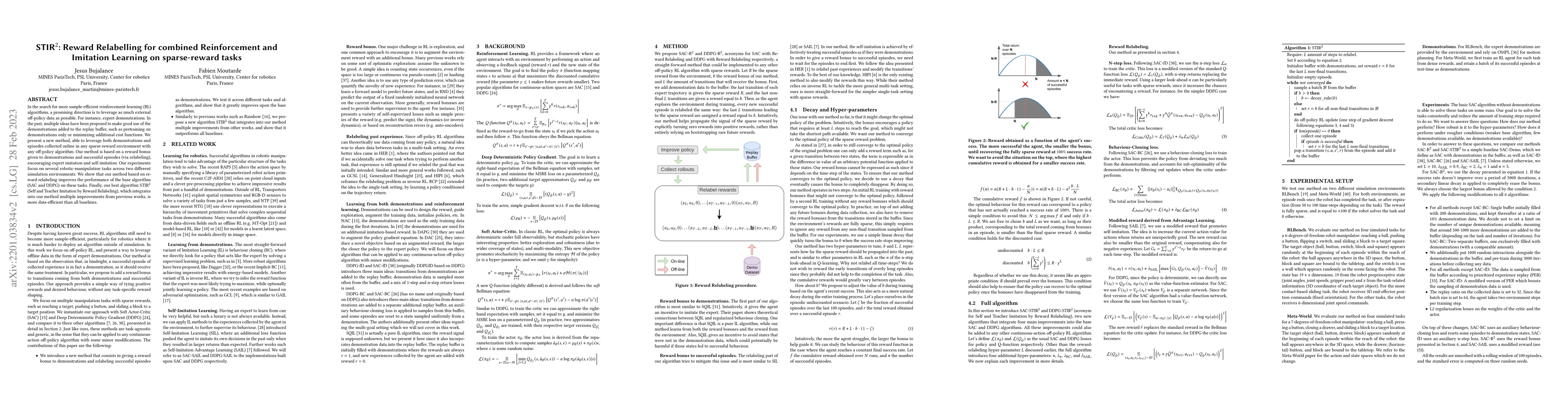 Thumbnail for STIR$^2$: Reward Relabelling for combined Reinforcement and Imitation
  Learning on sparse-reward tasks