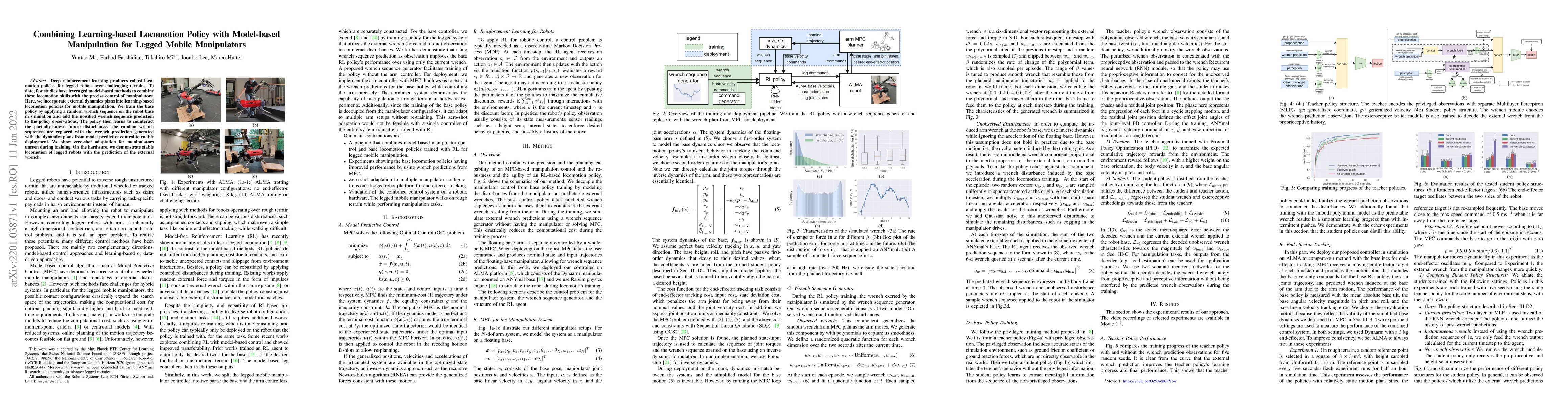 Thumbnail for Combining Learning-based Locomotion Policy with Model-based Manipulation
  for Legged Mobile Manipulators