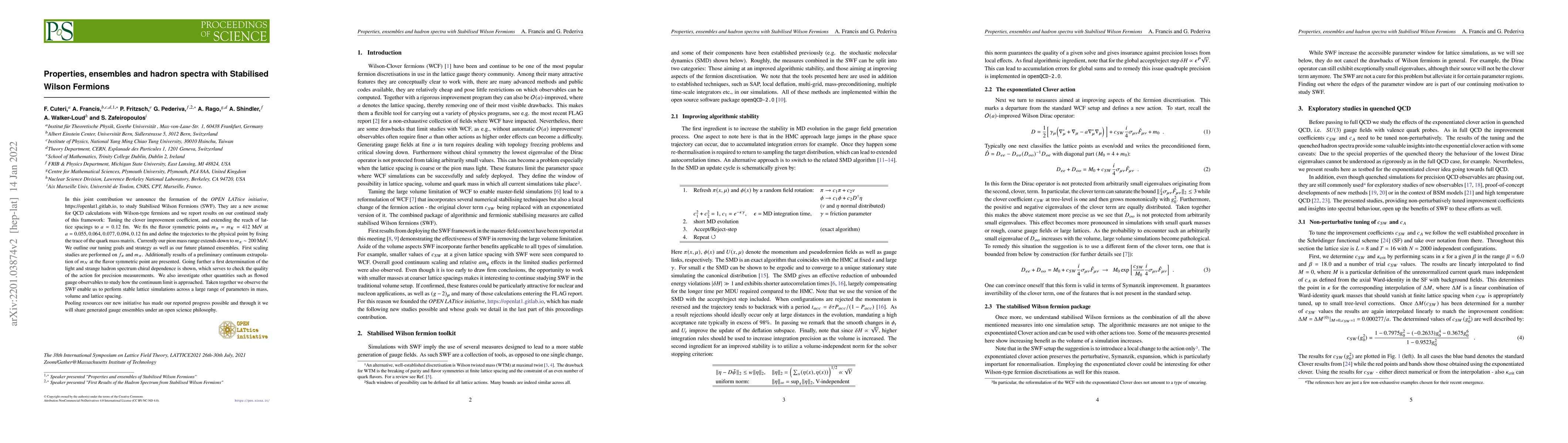 Thumbnail for Properties, ensembles and hadron spectra with Stabilised Wilson Fermions