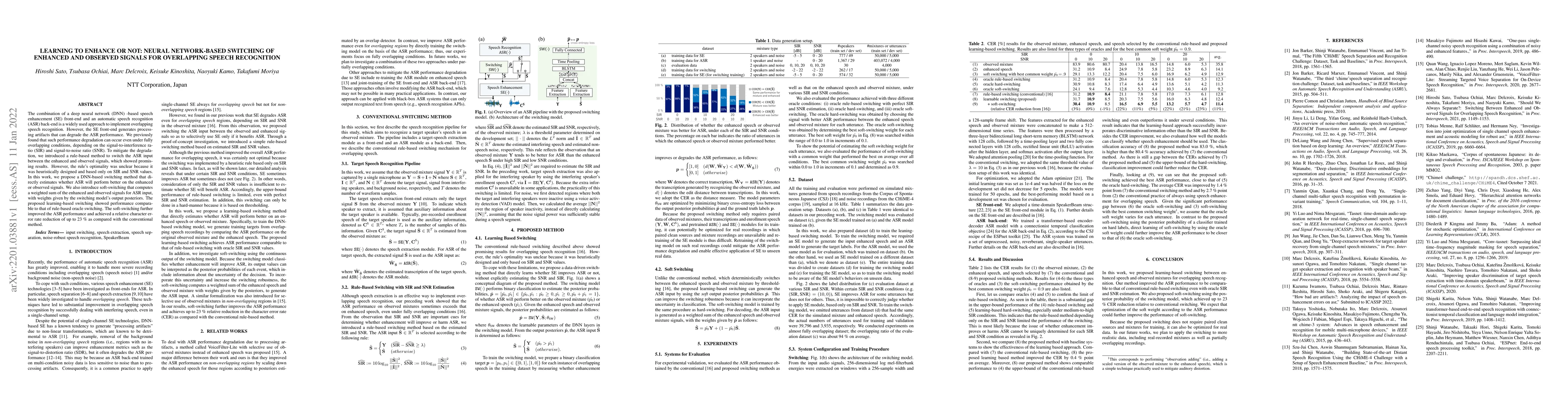 Thumbnail for Learning to Enhance or Not: Neural Network-Based Switching of Enhanced
  and Observed Signals for Overlapping Speech Recognition