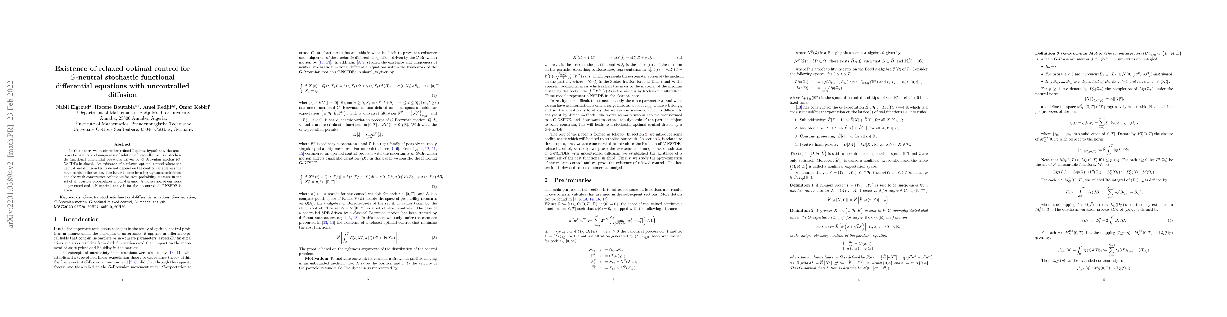 Thumbnail for Existence of relaxed optimal control for G-neutral stochastic functional
  differential equations with uncontrolled diffusion