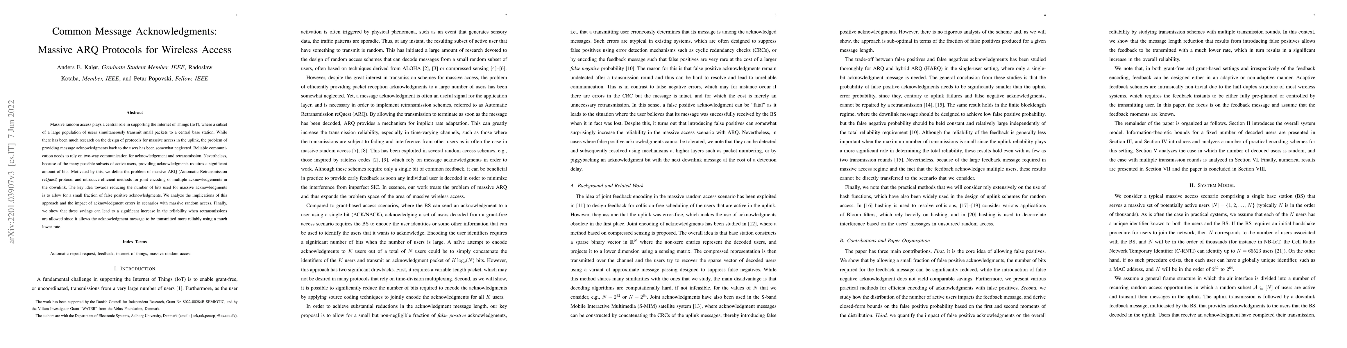 Thumbnail for Common Message Acknowledgments: Massive ARQ Protocols for Wireless
  Access