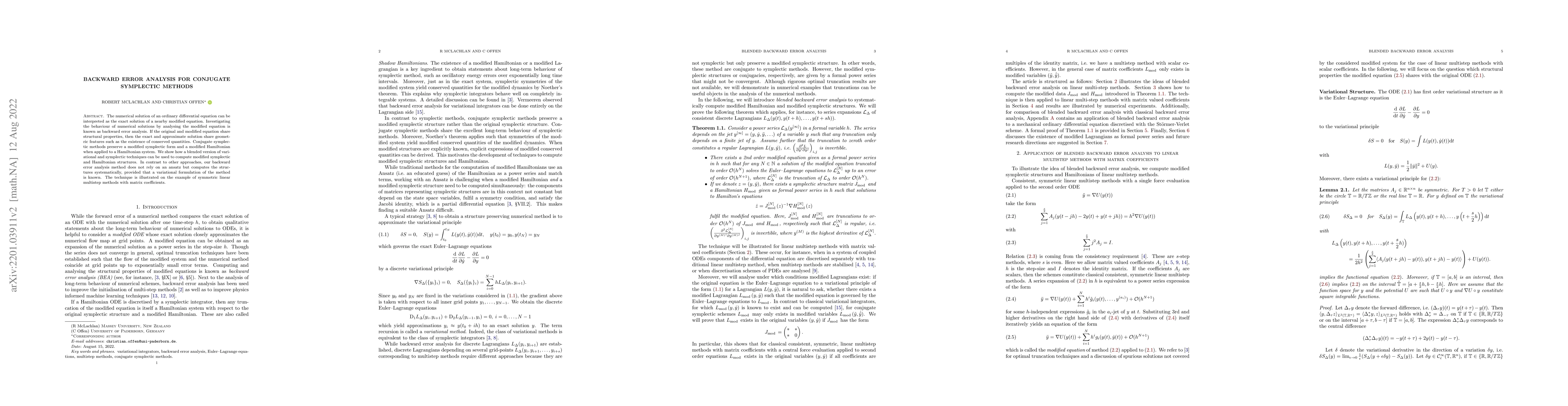 Thumbnail for Backward error analysis for conjugate symplectic methods