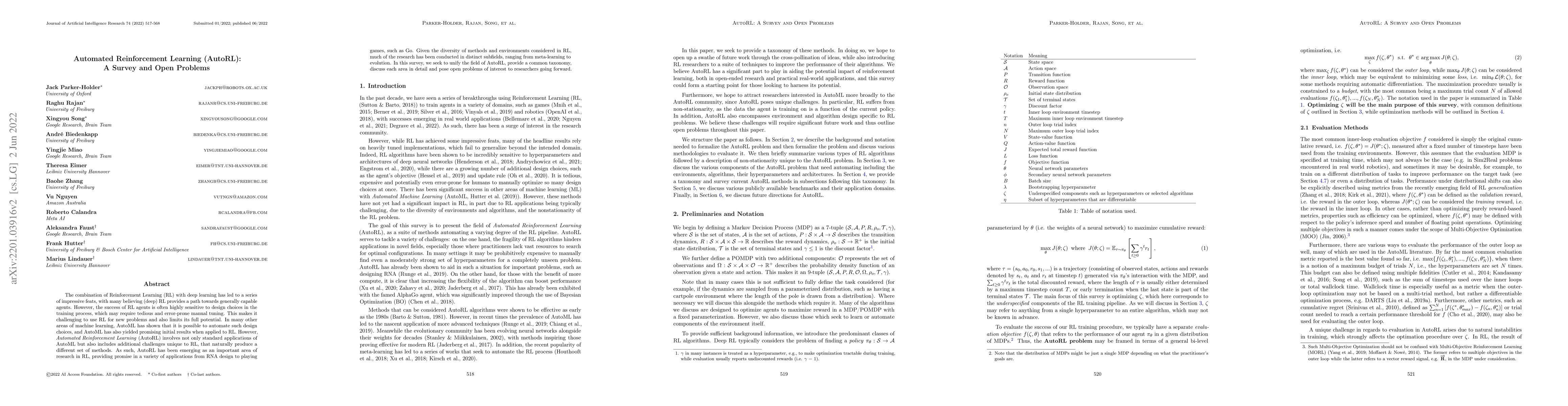 Thumbnail for Automated Reinforcement Learning (AutoRL): A Survey and Open Problems