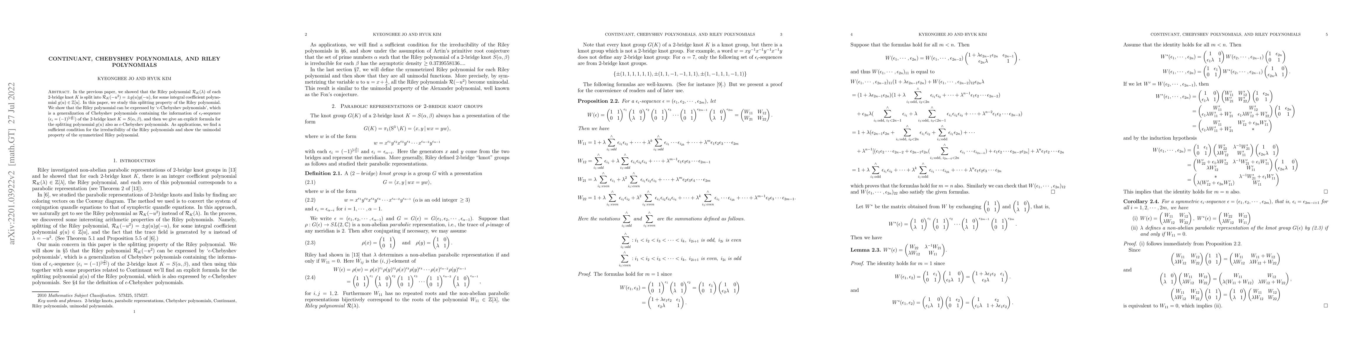 Thumbnail for Continuant, Chebyshev polynomials, and Riley polynomials