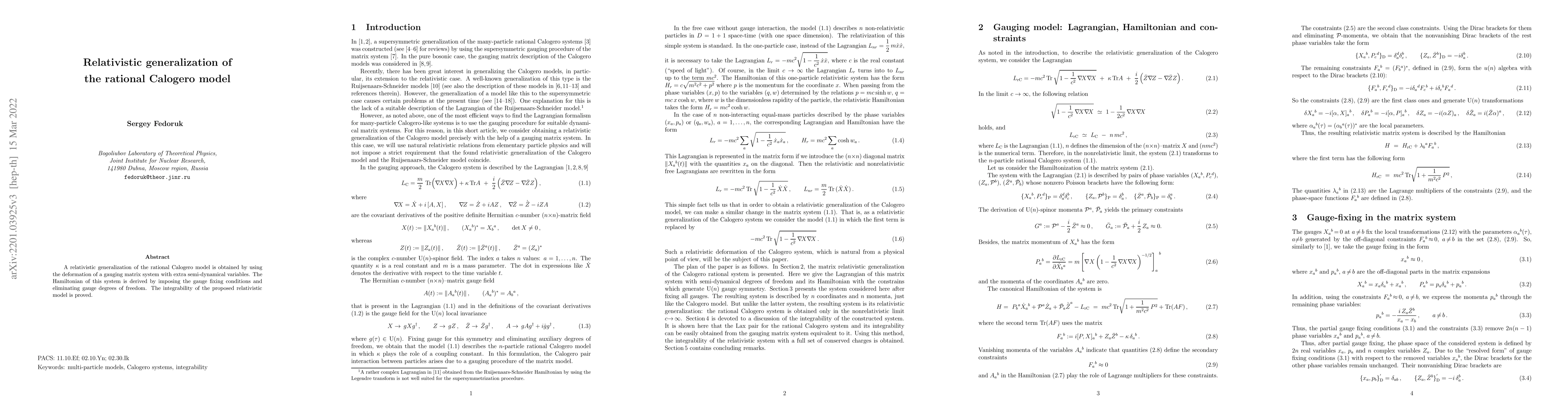 Thumbnail for Relativistic generalization of the rational Calogero model