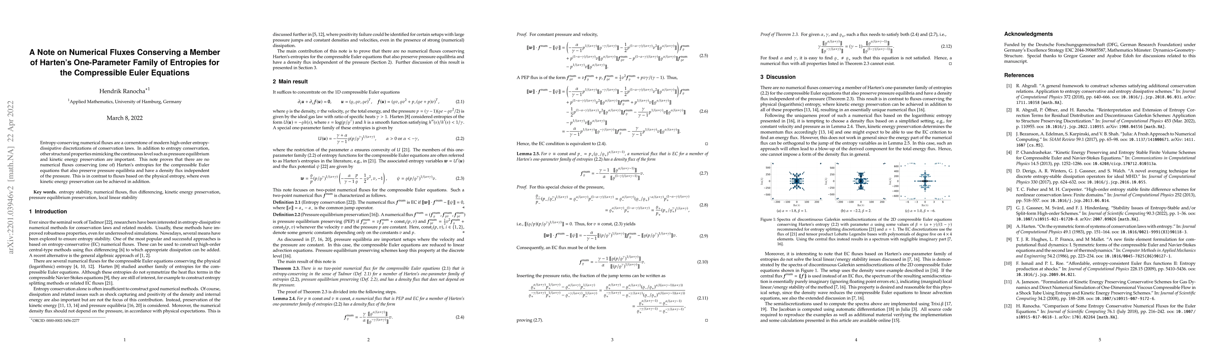 Thumbnail for A Note on Numerical Fluxes Conserving a Member of Harten's One-Parameter
  Family of Entropies for the Compressible Euler Equations