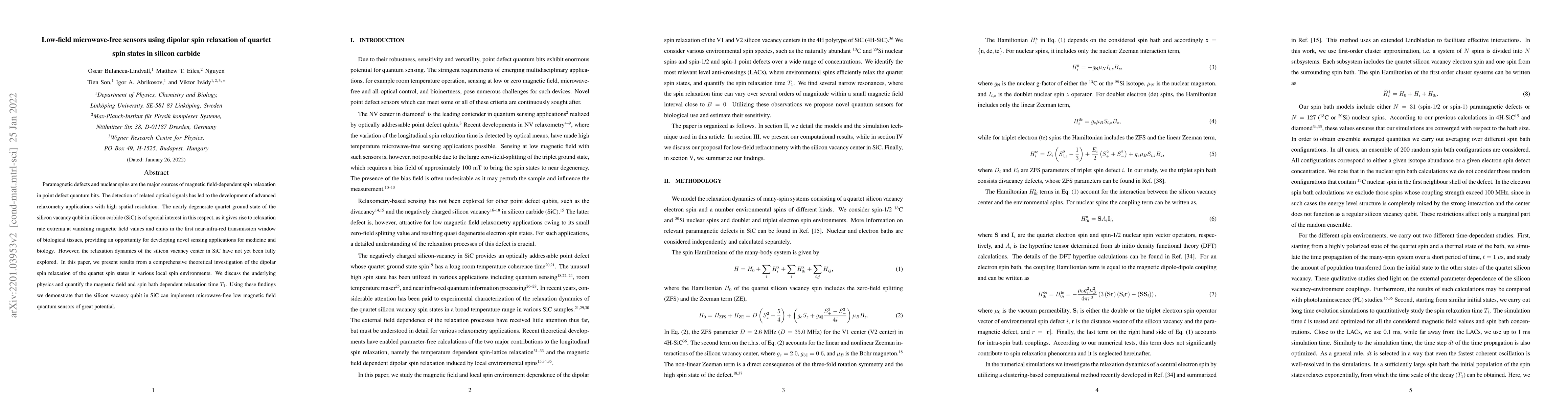 Thumbnail for Low-field microwave-free sensors using dipolar spin relaxation of
  quartet spin states in silicon carbide