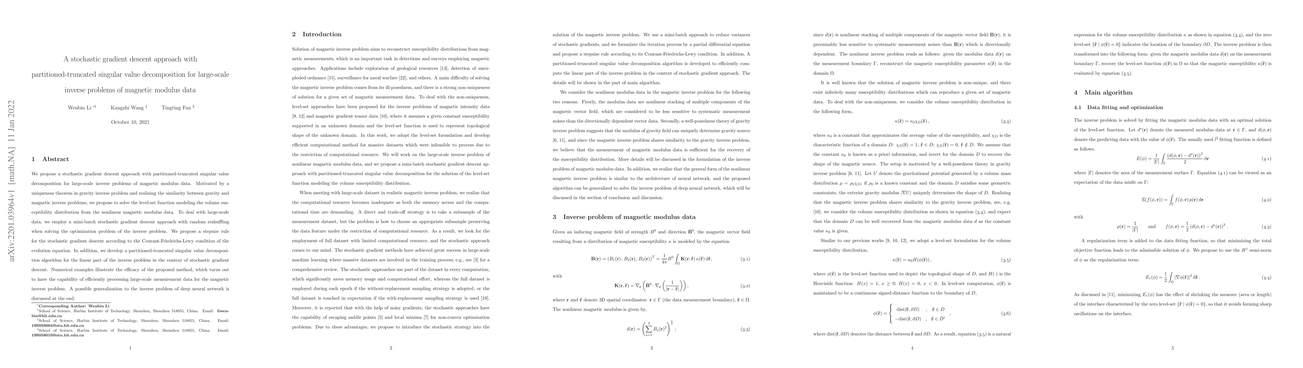 Thumbnail for A stochastic gradient descent approach with partitioned-truncated
  singular value decomposition for large-scale inverse problems of magnetic
  modulus data