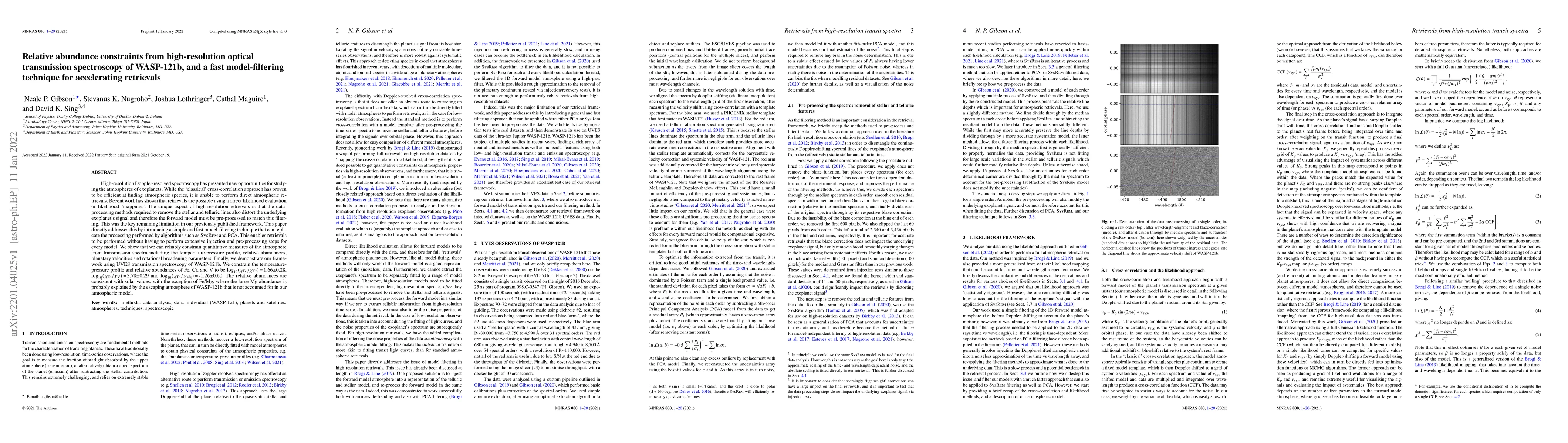 Thumbnail for Relative abundance constraints from high-resolution optical transmission
  spectroscopy of WASP-121b, and a fast model-filtering technique for
  accelerating retrievals