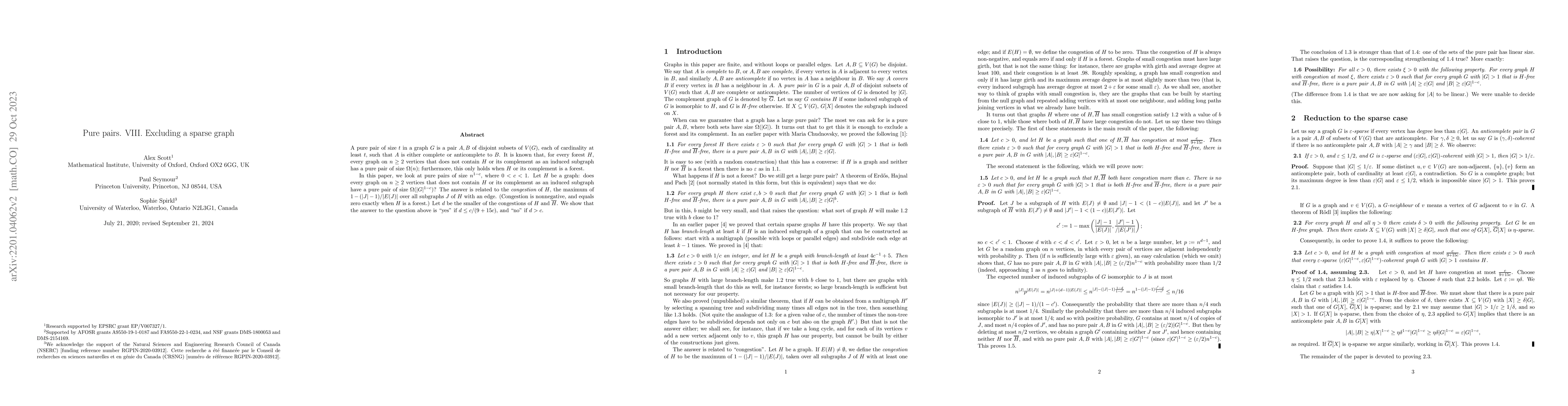 Thumbnail for Pure pairs. VIII. Excluding a sparse graph