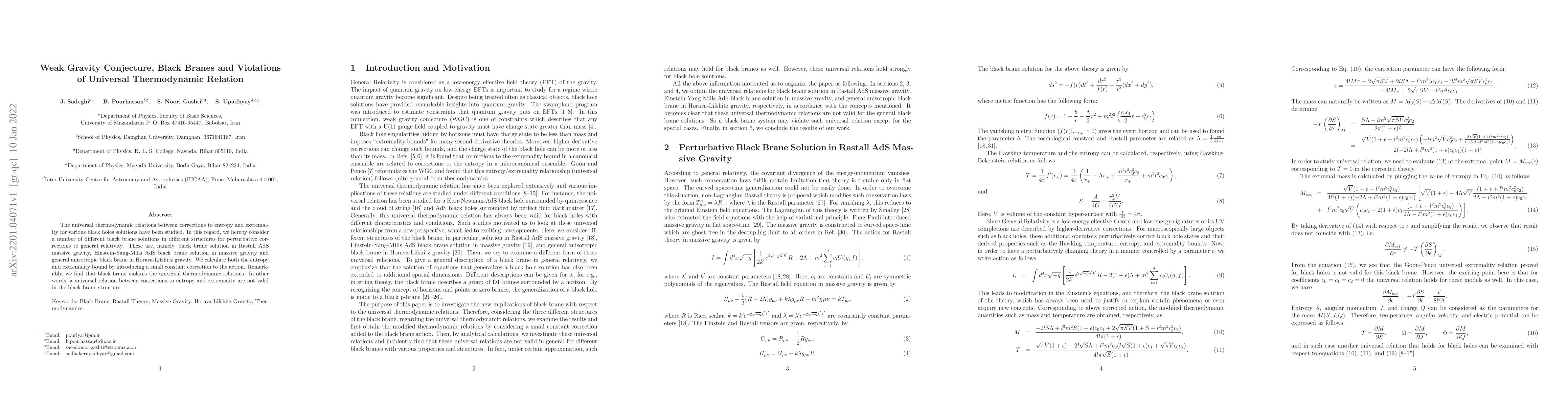 Thumbnail for Weak Gravity Conjecture, Black Branes and Violations of Universal
  Thermodynamic Relation
