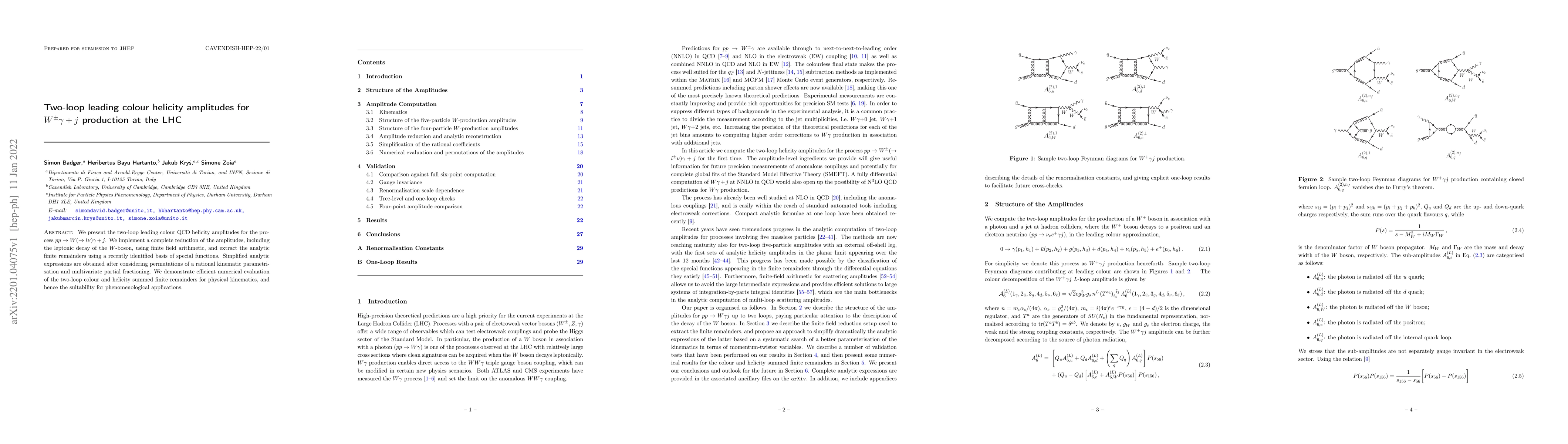 Thumbnail for Two-loop leading colour helicity amplitudes for $W^\pm\gamma+j$
  production at the LHC
