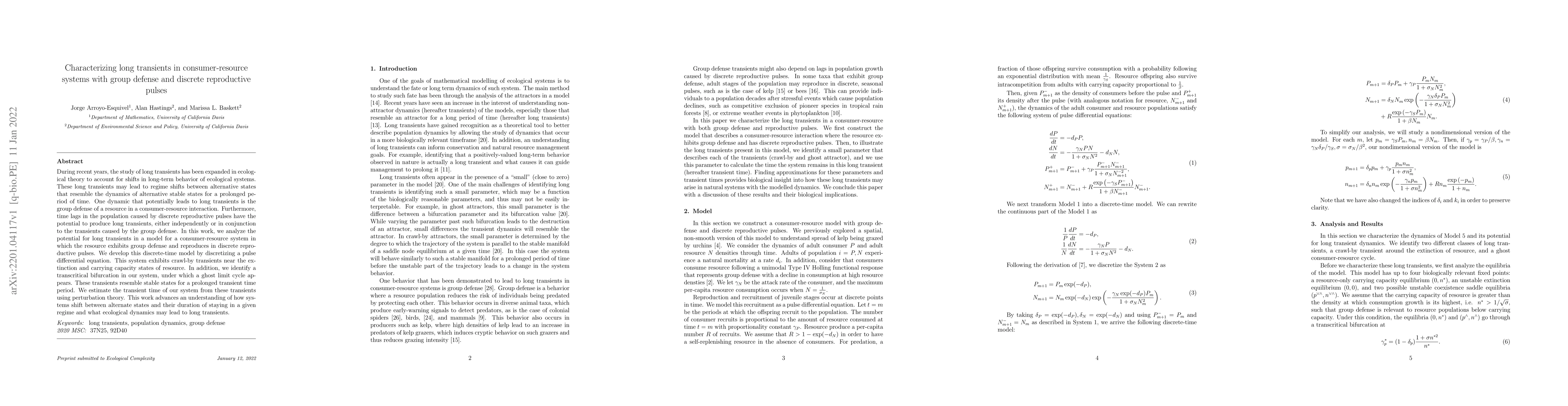 Thumbnail for Characterizing long transients in consumer-resource systems with group
  defense and nonreproductive stages