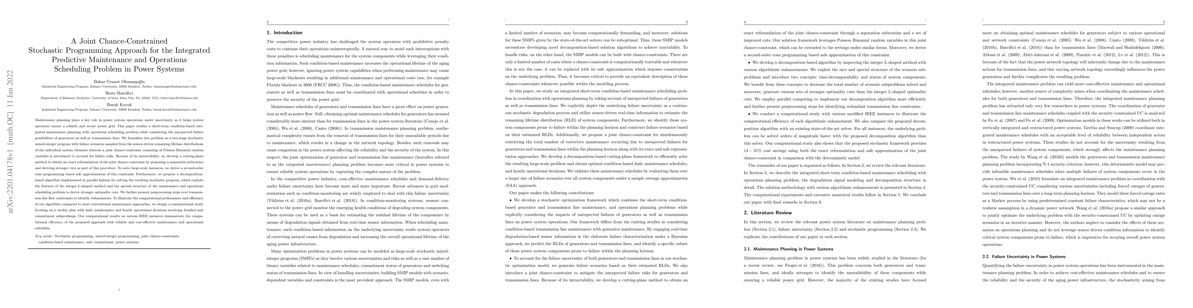 Thumbnail for A Joint Chance-Constrained Stochastic Programming Approach for the
  Integrated Predictive Maintenance and Operations Scheduling Problem in Power
  Systems
