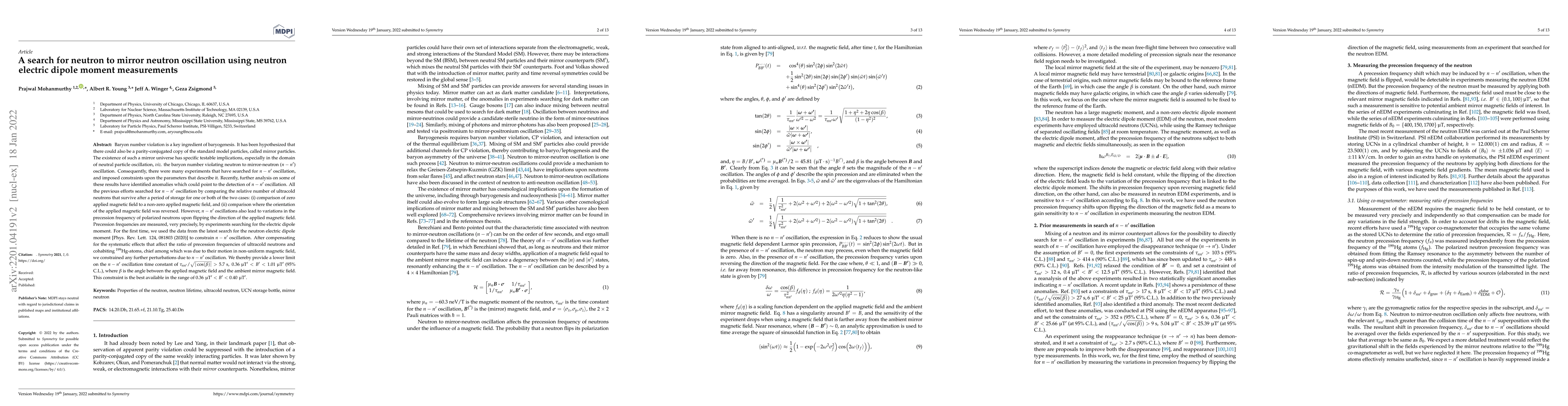 Thumbnail for A search for neutron to mirror neutron oscillation using neutron
  electric dipole moment measurements